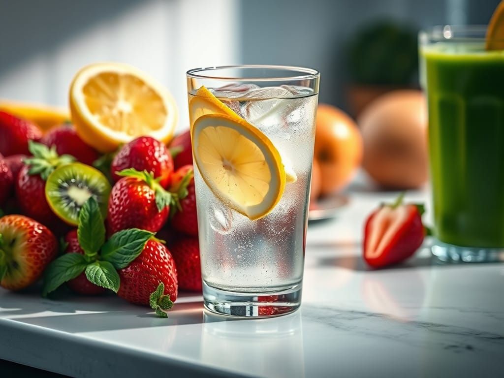 Revitalizing Glass of Water with Fresh Fruits in a Warm, Gol...