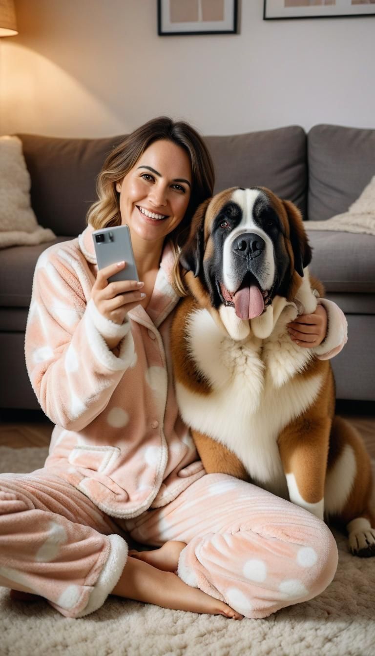 Cozy Selfie with Saint Bernard in Warm Apartment