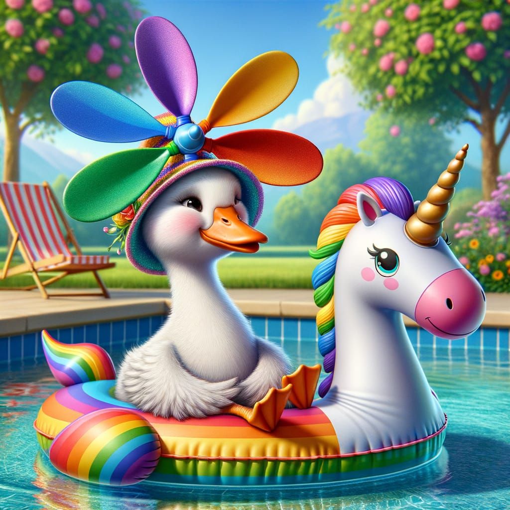 Whimsical Goose Chilling by the Pool in Rainbow Propeller Ha...