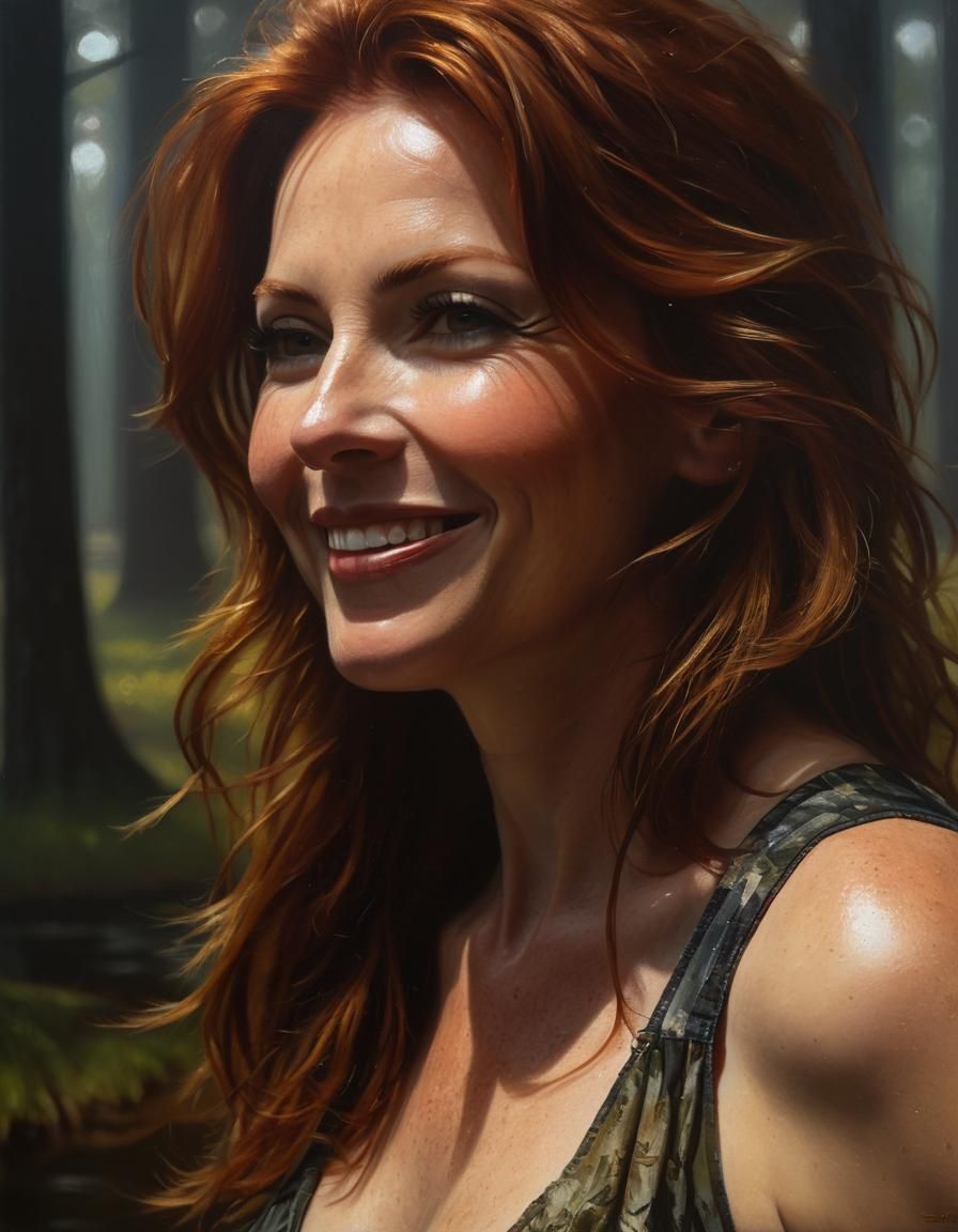Auburn-Haired Woman in Forest: Chiaroscuro Oil Painting