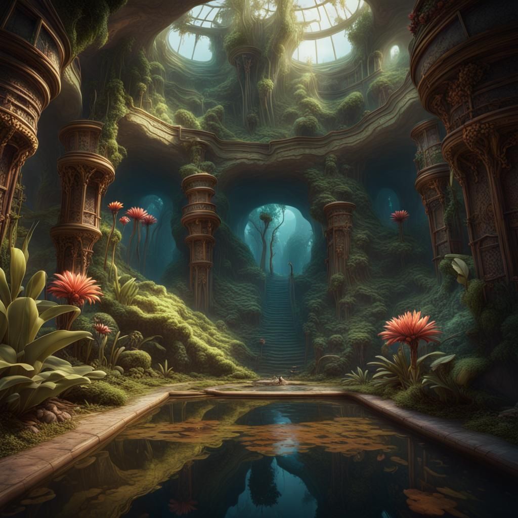 Underground Botanical Oasis: Detailed Matte Painting
