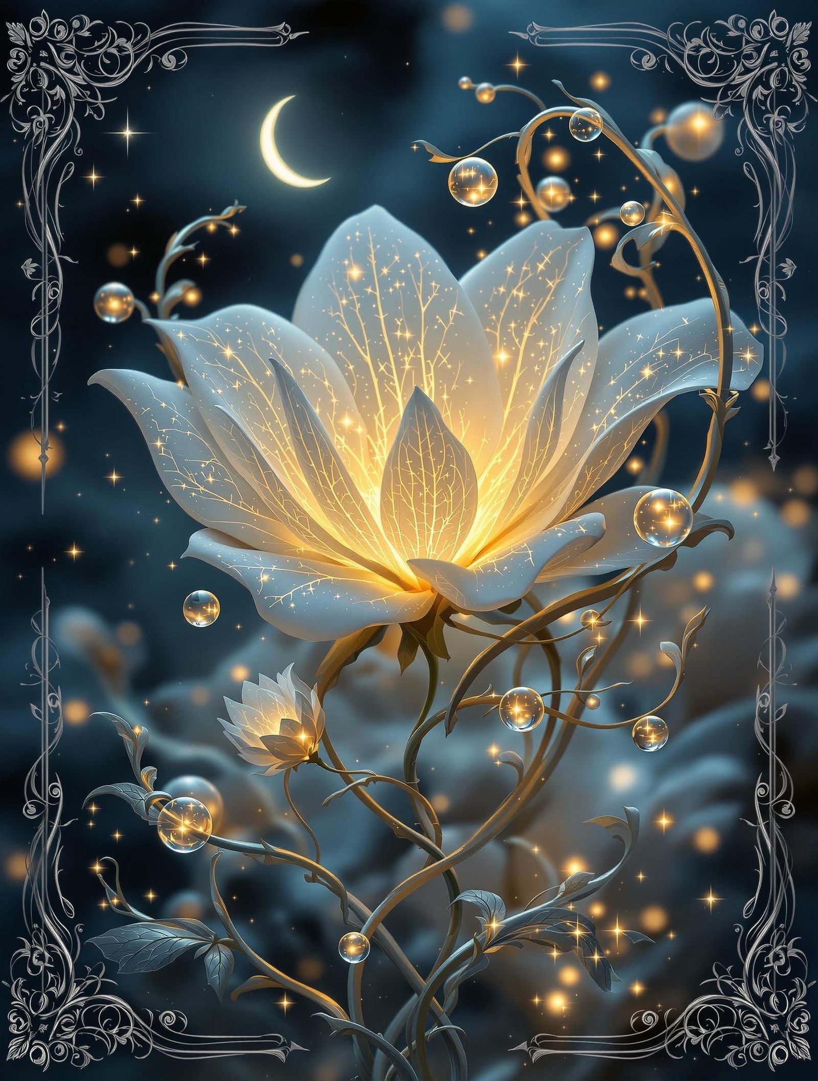 Surreal Moonflower Blooms Amidst Celestial Vines in Art Nouv...