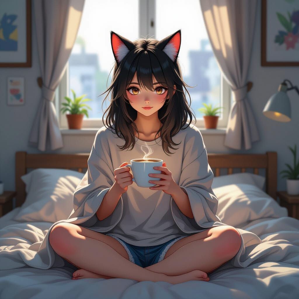Cozy Cat-Eared Woman with Coffee in Morning Light