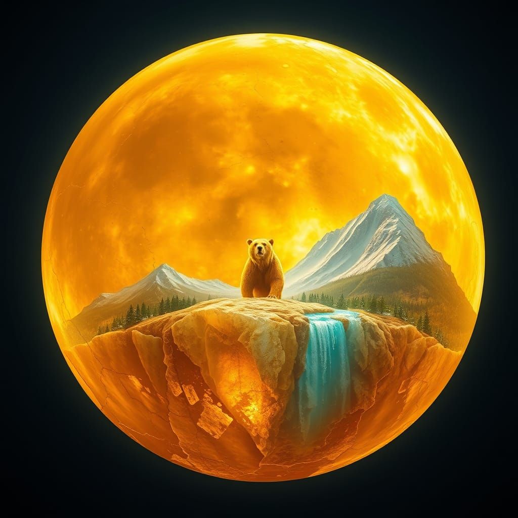 Translucent Amber Moon with Icy Landscape