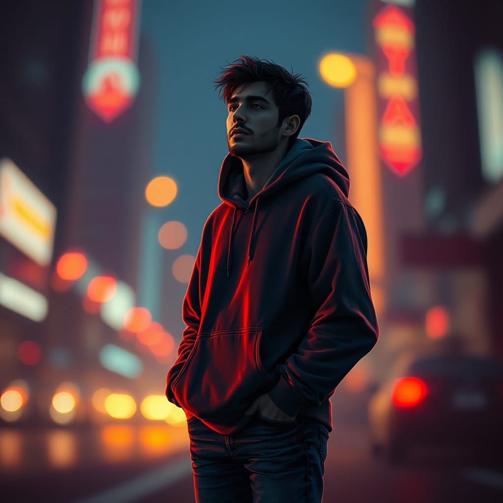 Introspective Figure in Neon Cityscape: Dreamy Art