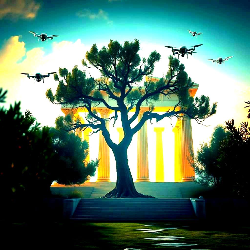 Surreal Greek Temple at Dusk with Olive Tree and Flying Dron...