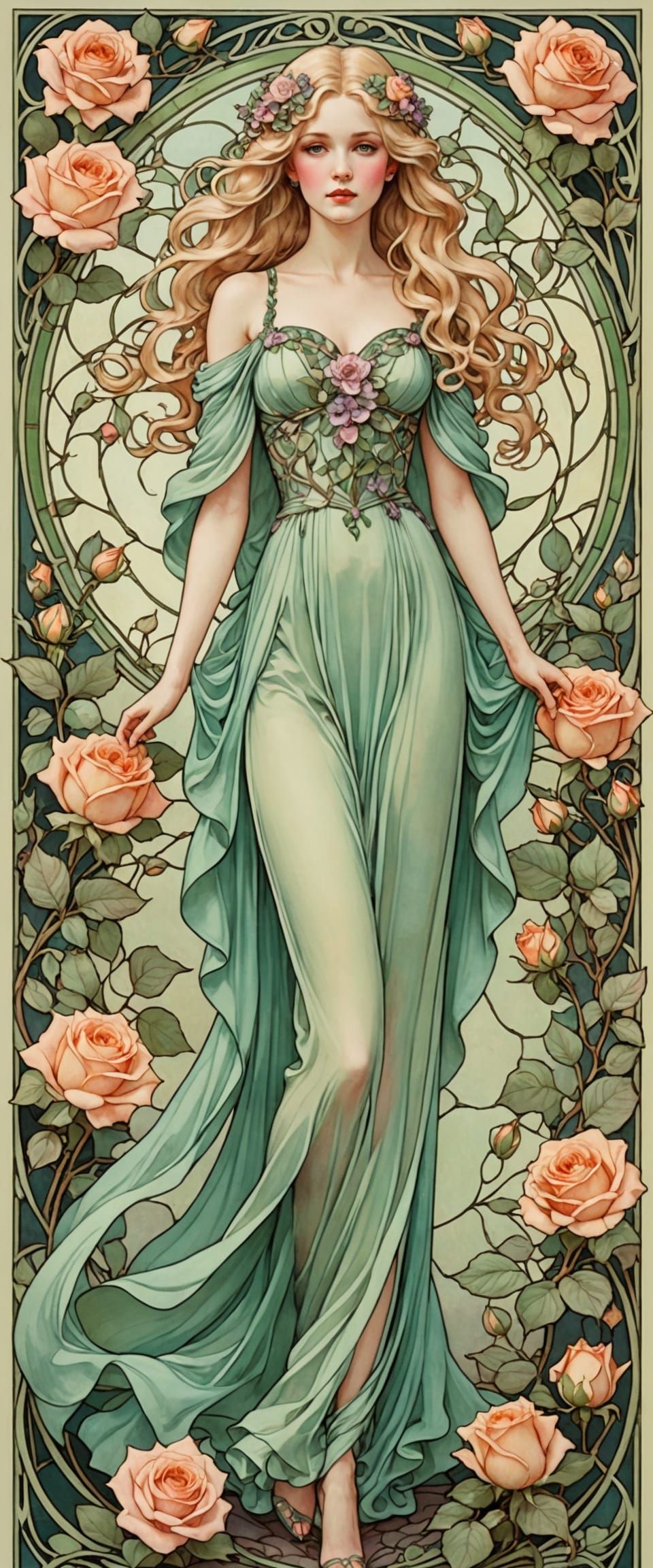 Elegant Woman with Floral Crown in Art Nouveau Style