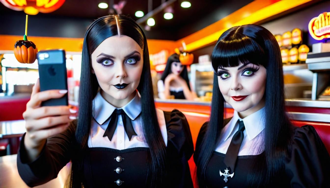 Wednesday and Elvira Selfie in Restaurant