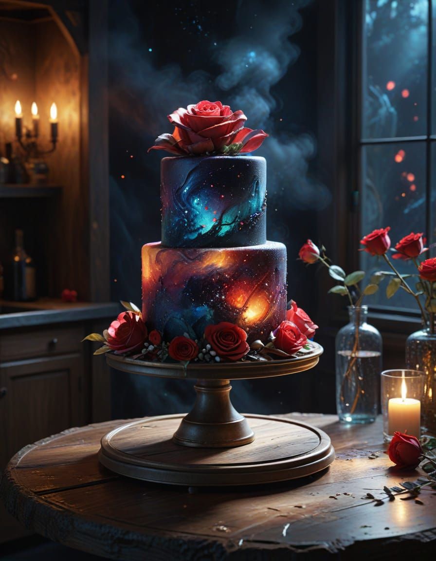 Nebula Wedding Cake with Roses: Hyperrealistic Fine Art