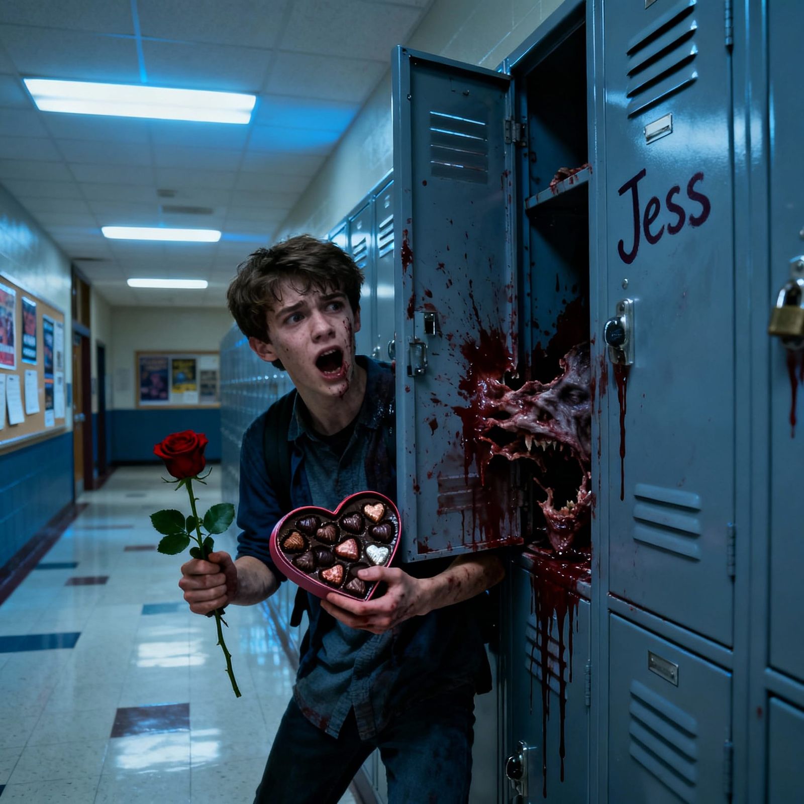 Teenage Boy Panicked in Locker Eating Scene