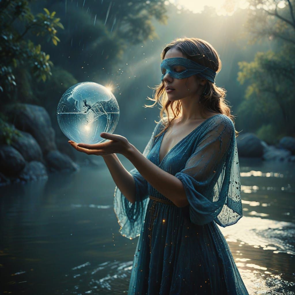 Blindfolded Beauty in Ethereal Landscape