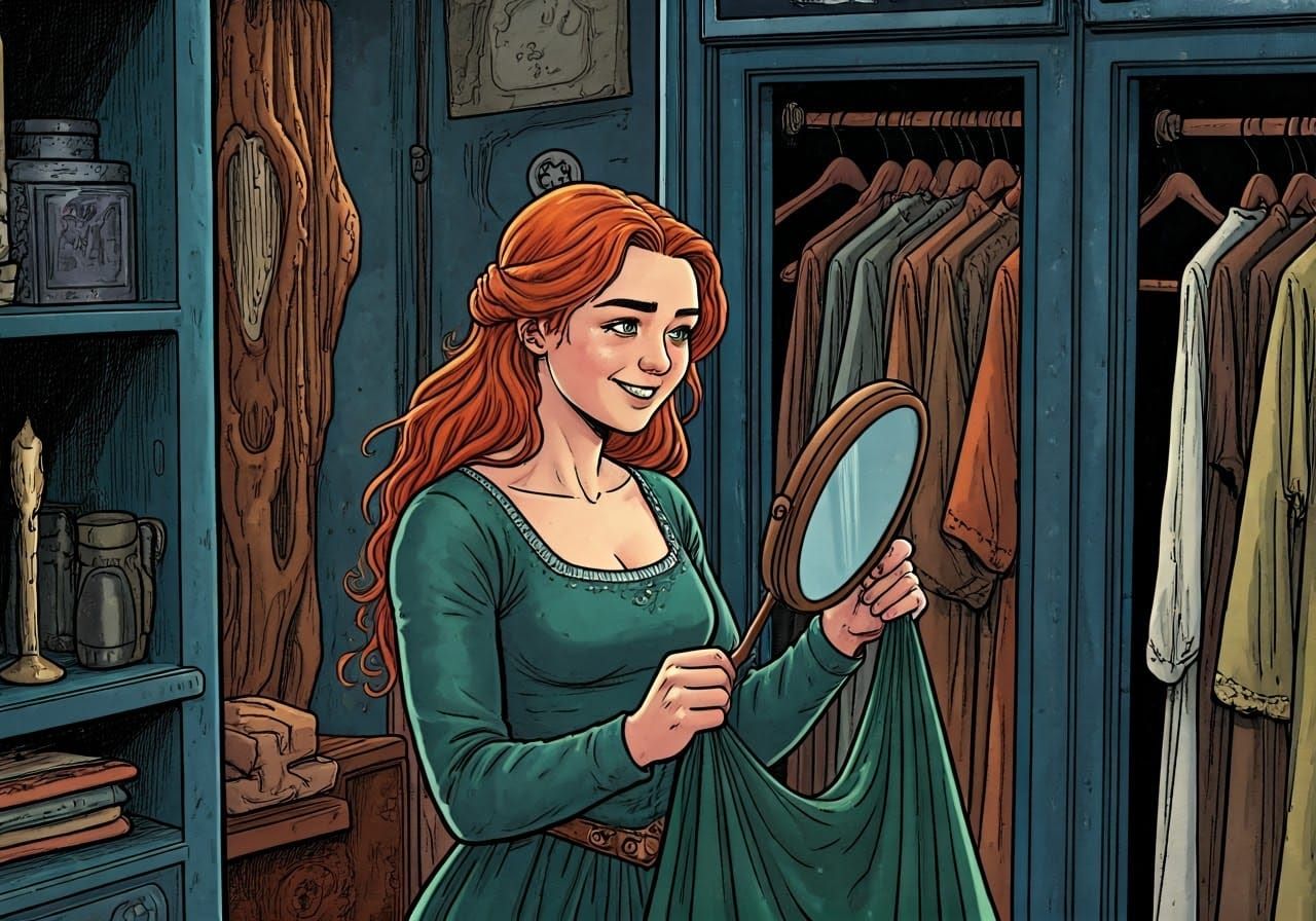 Happy Ashildr Admires Medieval Gown in Futuristic Wardrobe