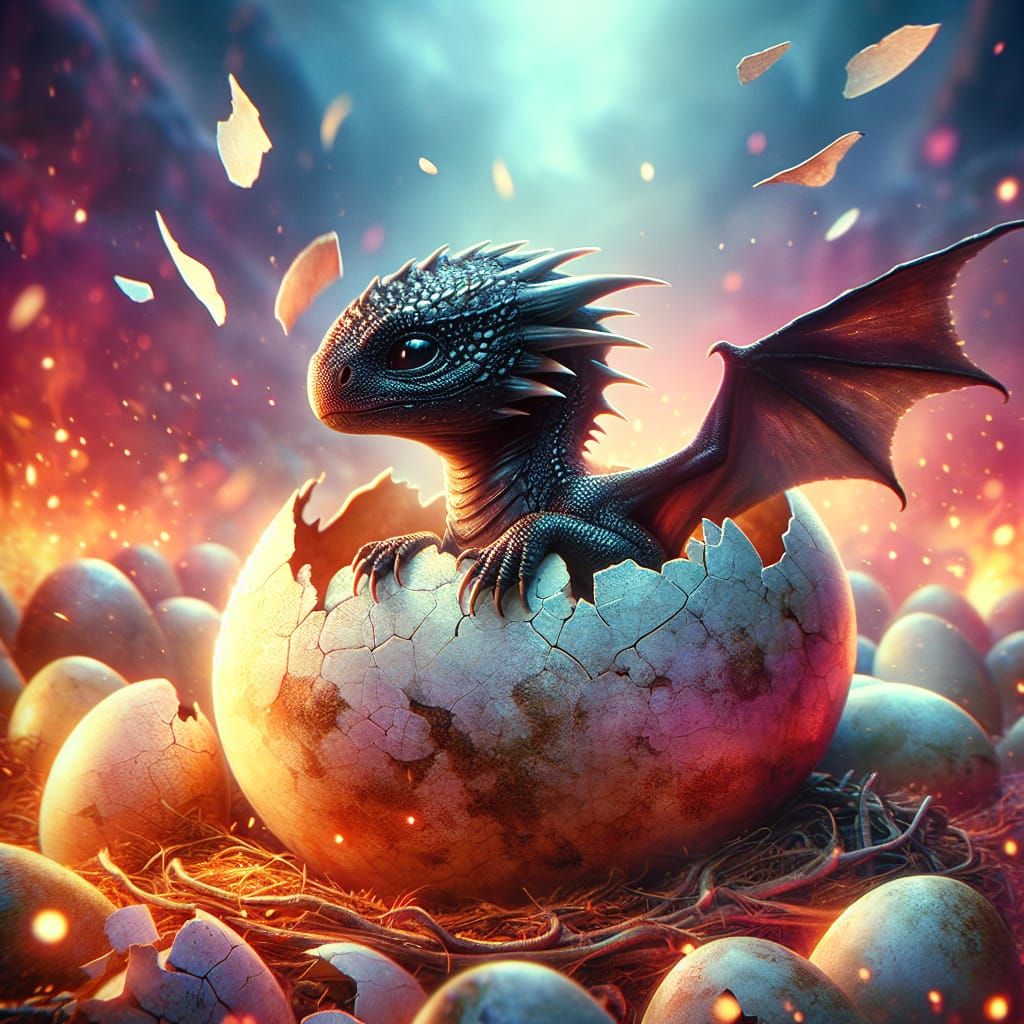 Adorable Black Dragon Hatching: Digital Matte Painting