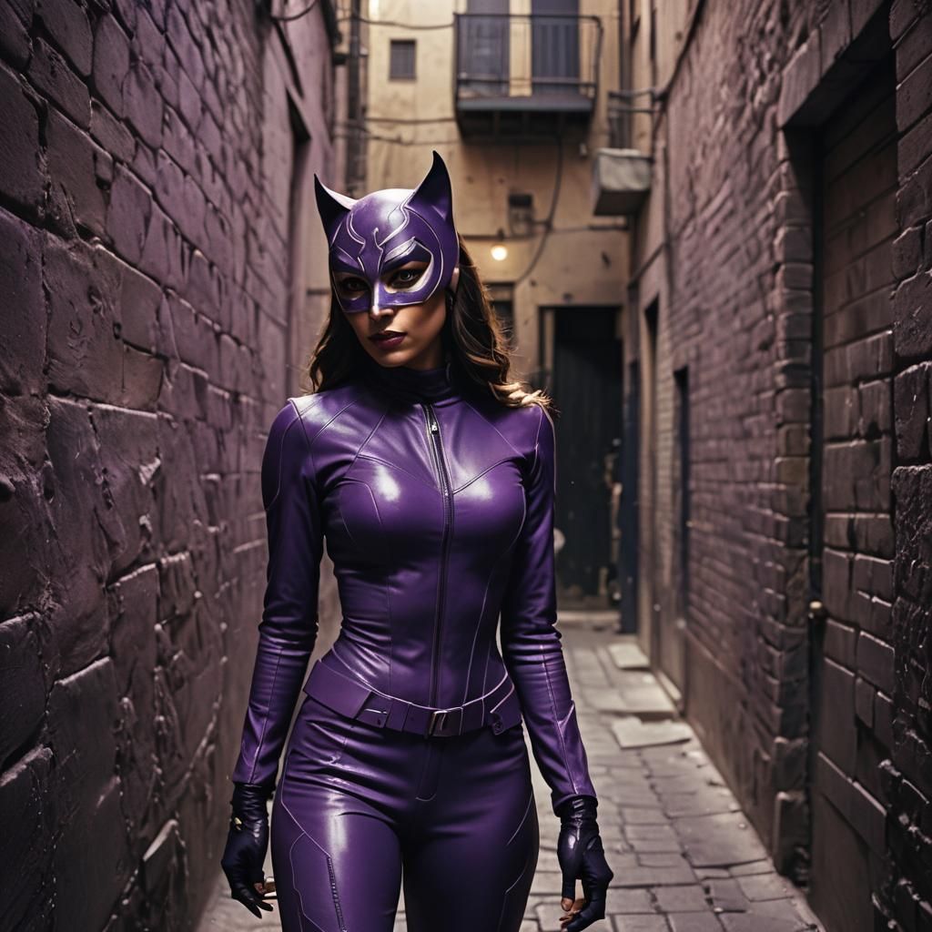 Woman in Purple Catwoman Suit in Dark Alley