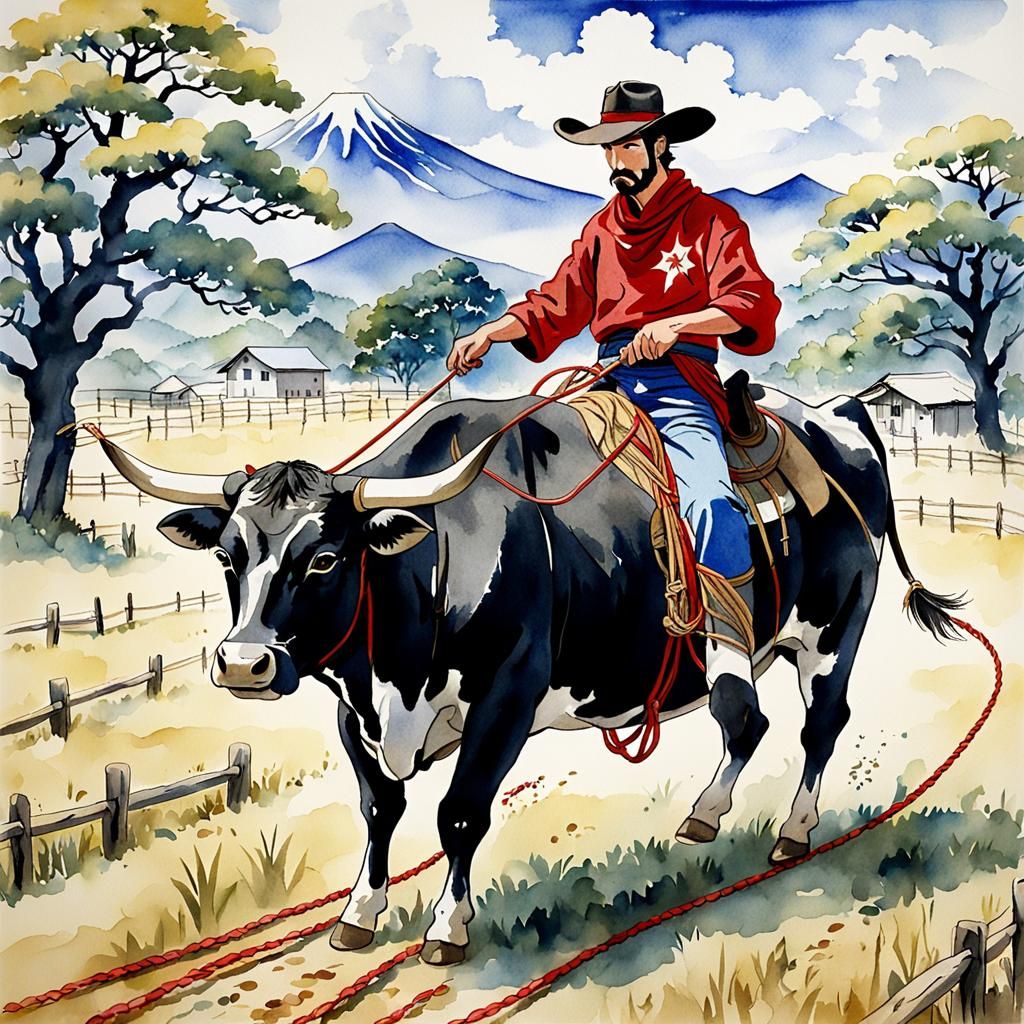 Anime Cowboy Roping Steer, Kintsugi Watercolor
