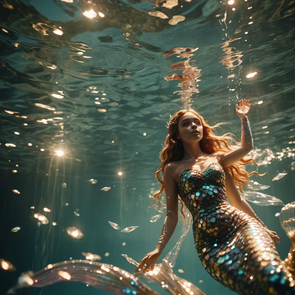 Crystal Mermaid Swimming with Shimmering Lights