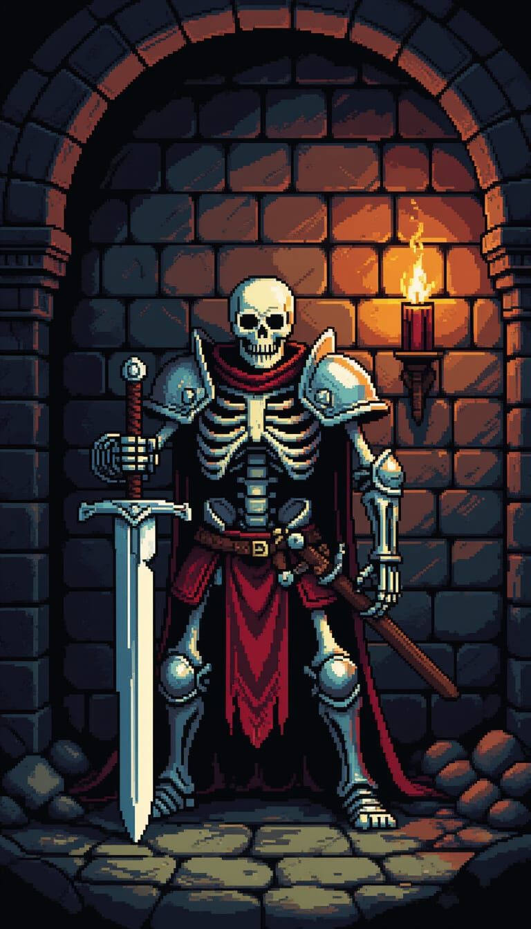 Armored Skeleton in Dungeon Pixel Art