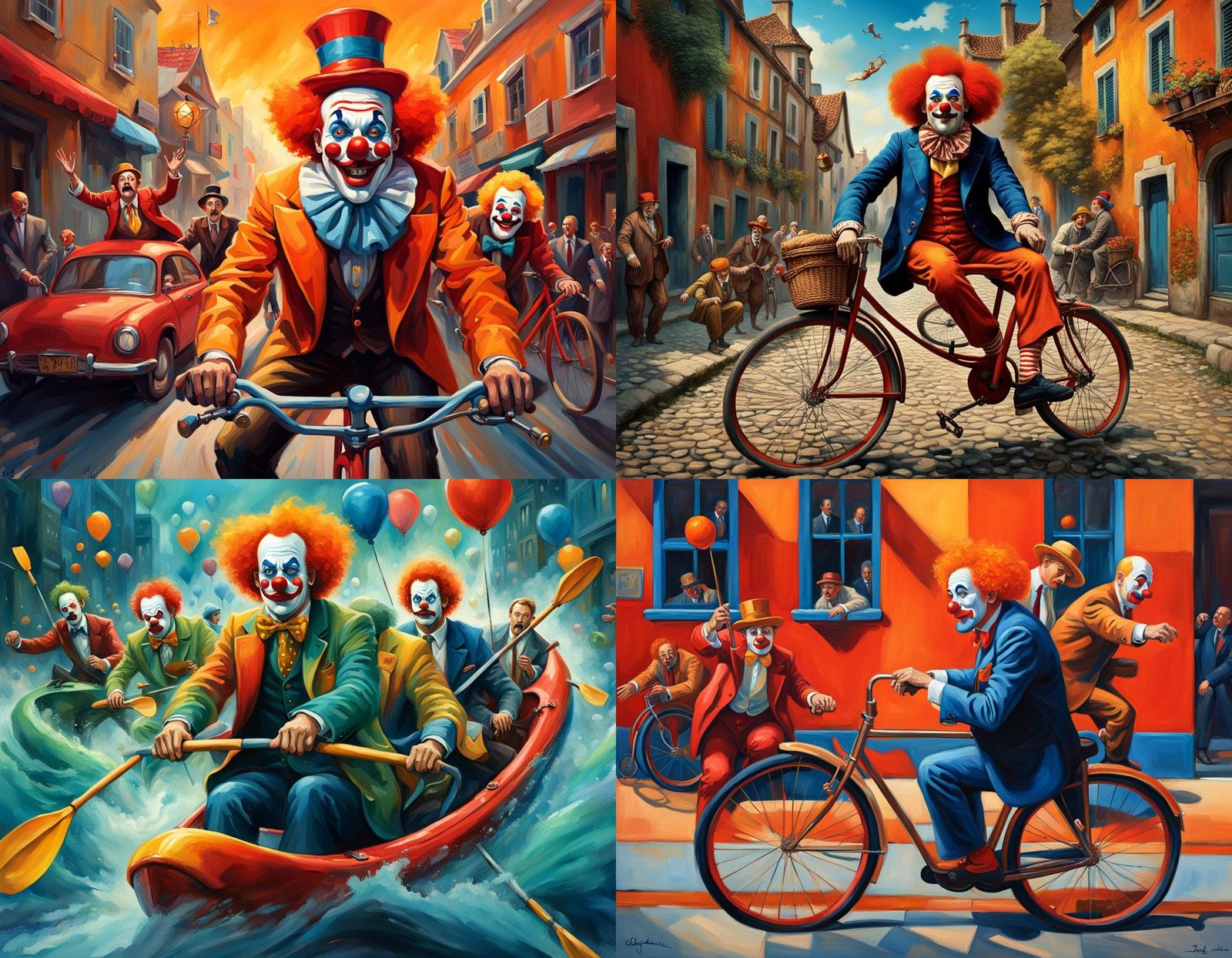 Clowns on Bike Chase, Surreal Fantasy Art