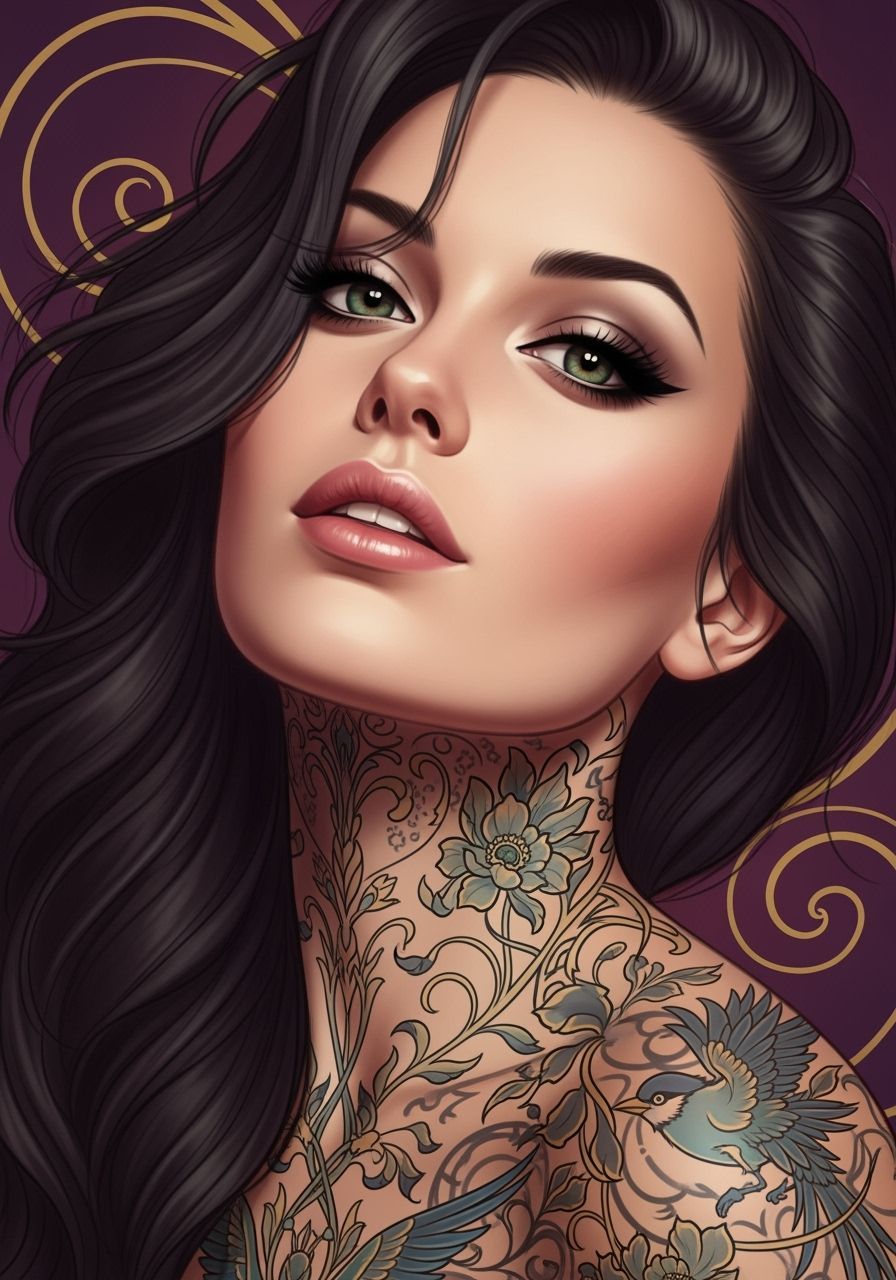 Art Nouveau Portrait of Woman with Floral Tattoos