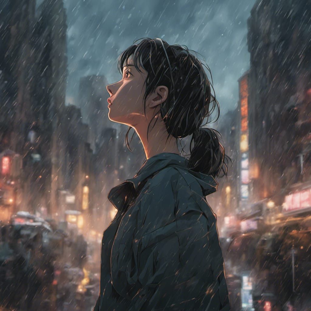 Crying Woman in Dystopian City, Anime Style