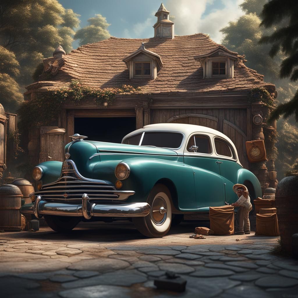 Old Car Collector in White Garage: Detailed Matte Painting