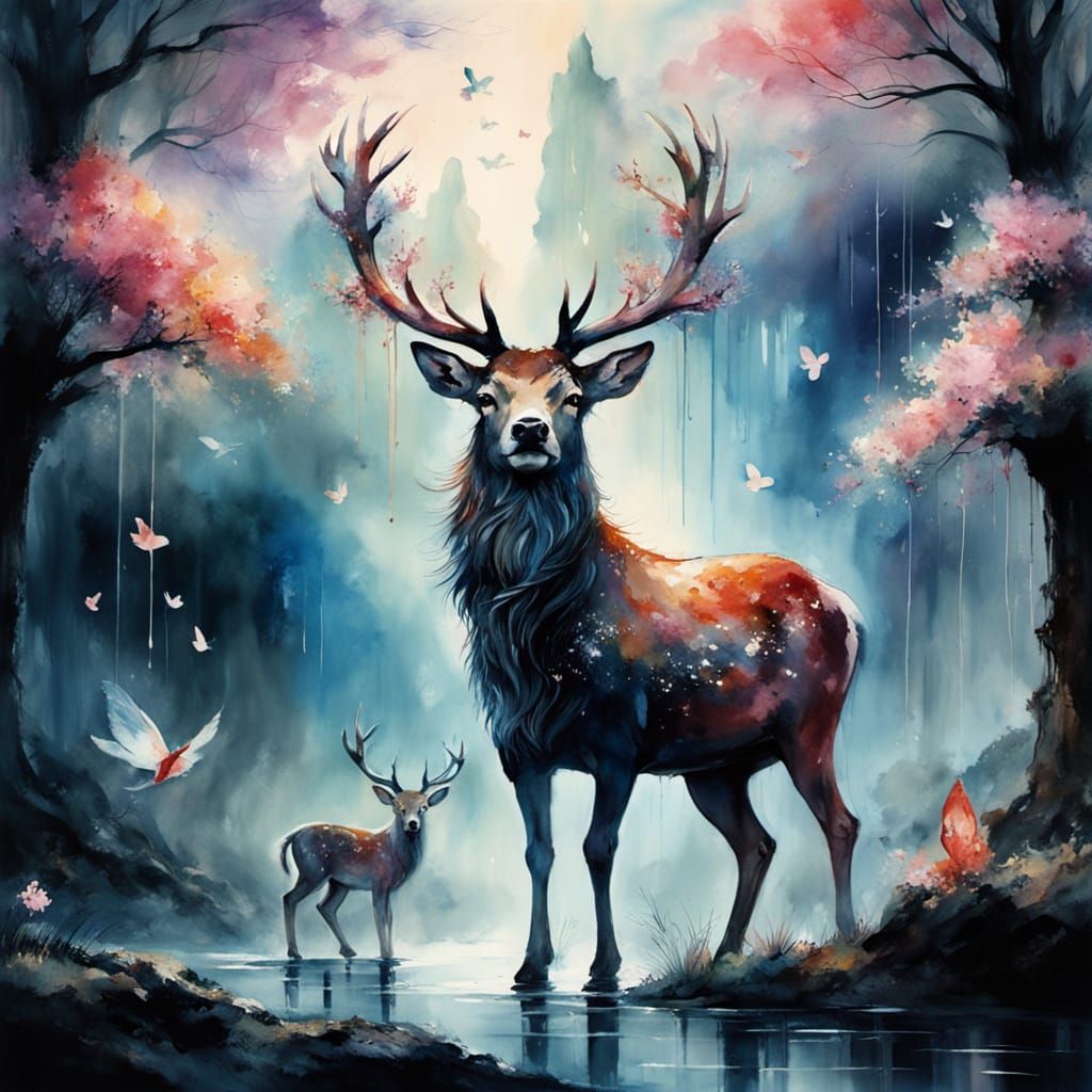 Stag with Cherry Blossom Antlers in Watercolor Style