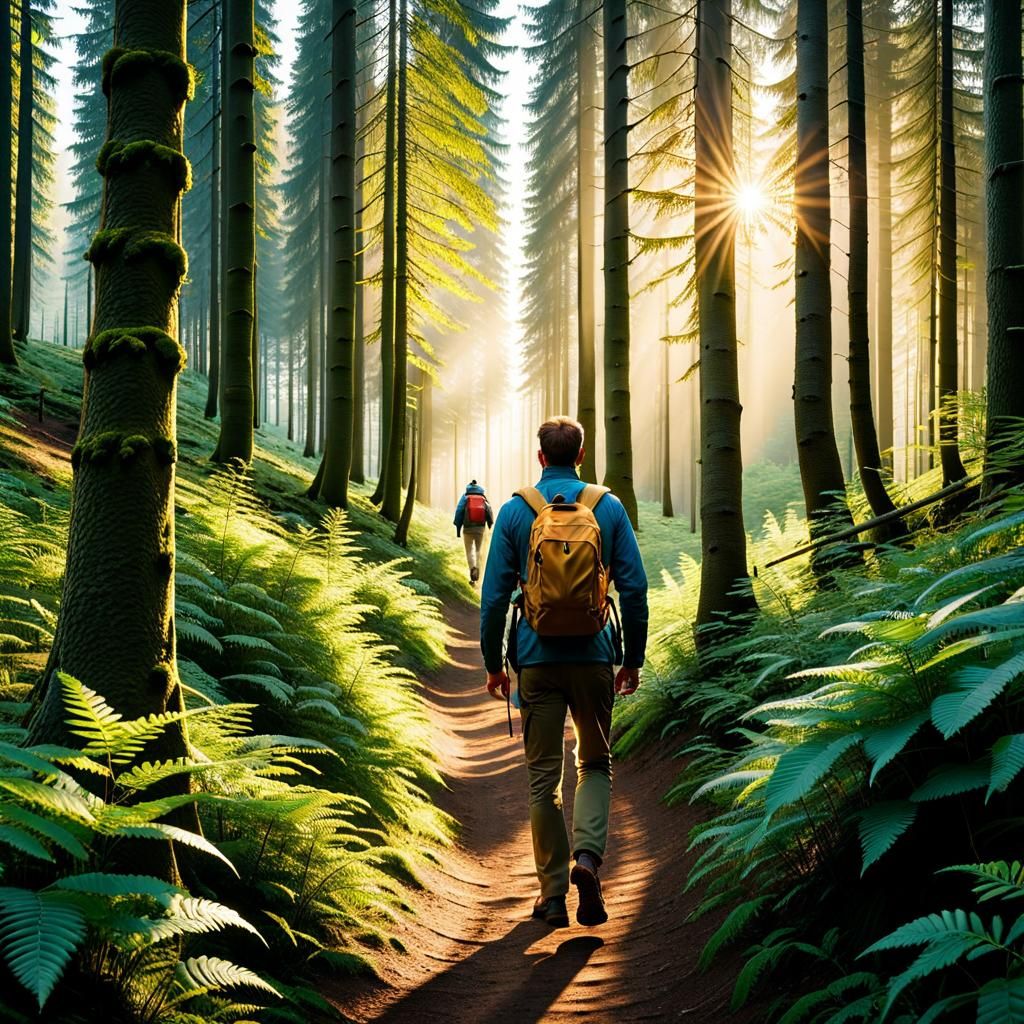 Hiker on Forest Trail at Golden Hour