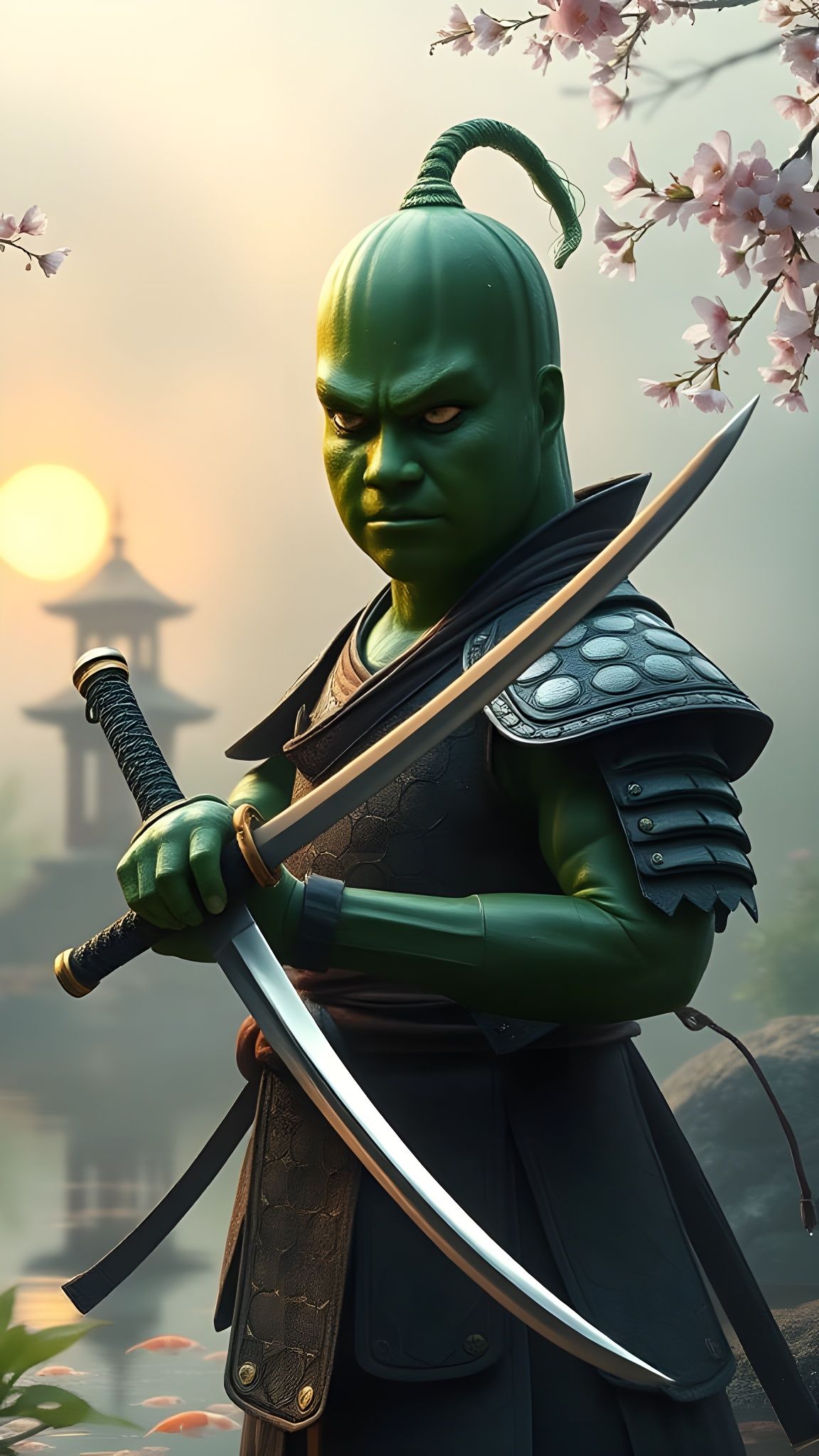 Humanoid Cucumber Samurai in Zen Garden Splendor