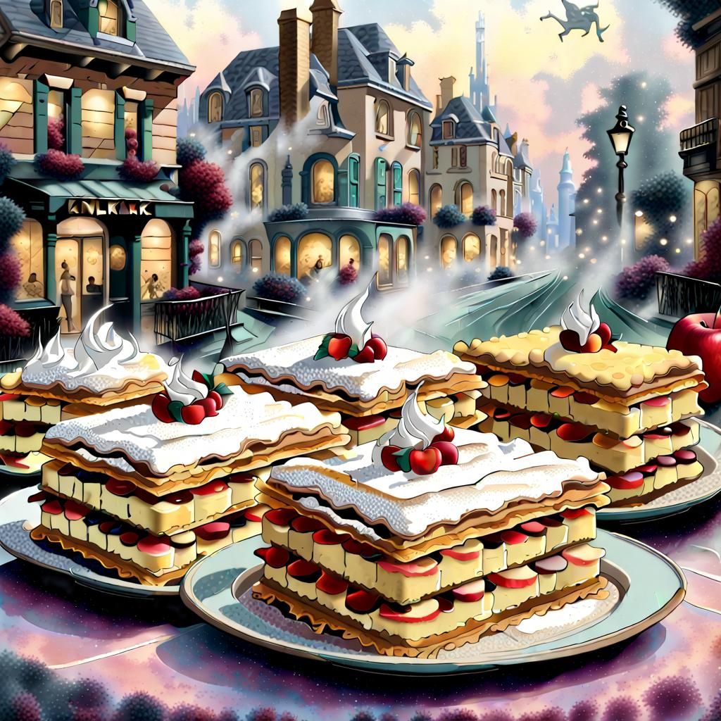 Table with Millefeuille, Pie, and Cheesecake