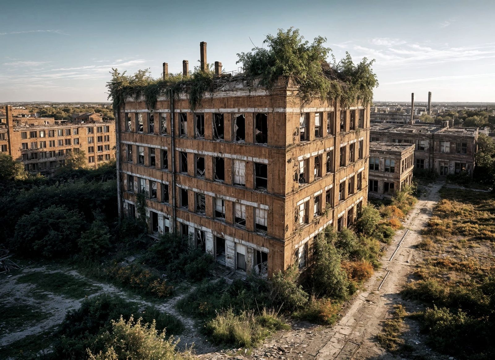 Dramatic Lighting Highlights Derelict Orange and White Build...