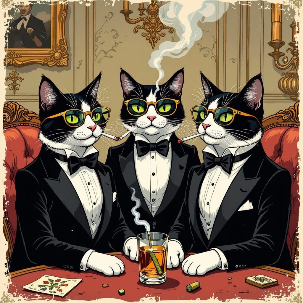 Tuxedo Cats Smoking Joint in Ralph Steadman Style