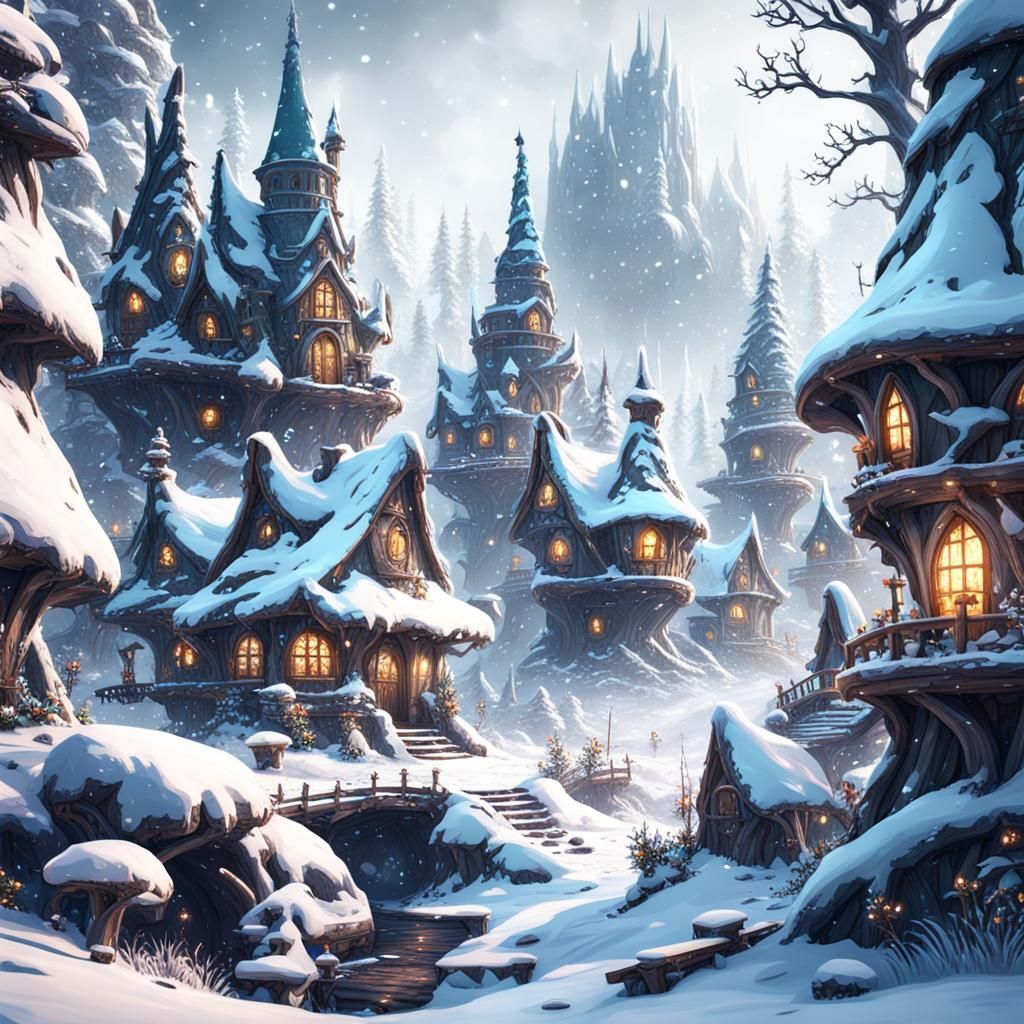 Enchanted Fairy Village in Winter Snowscape