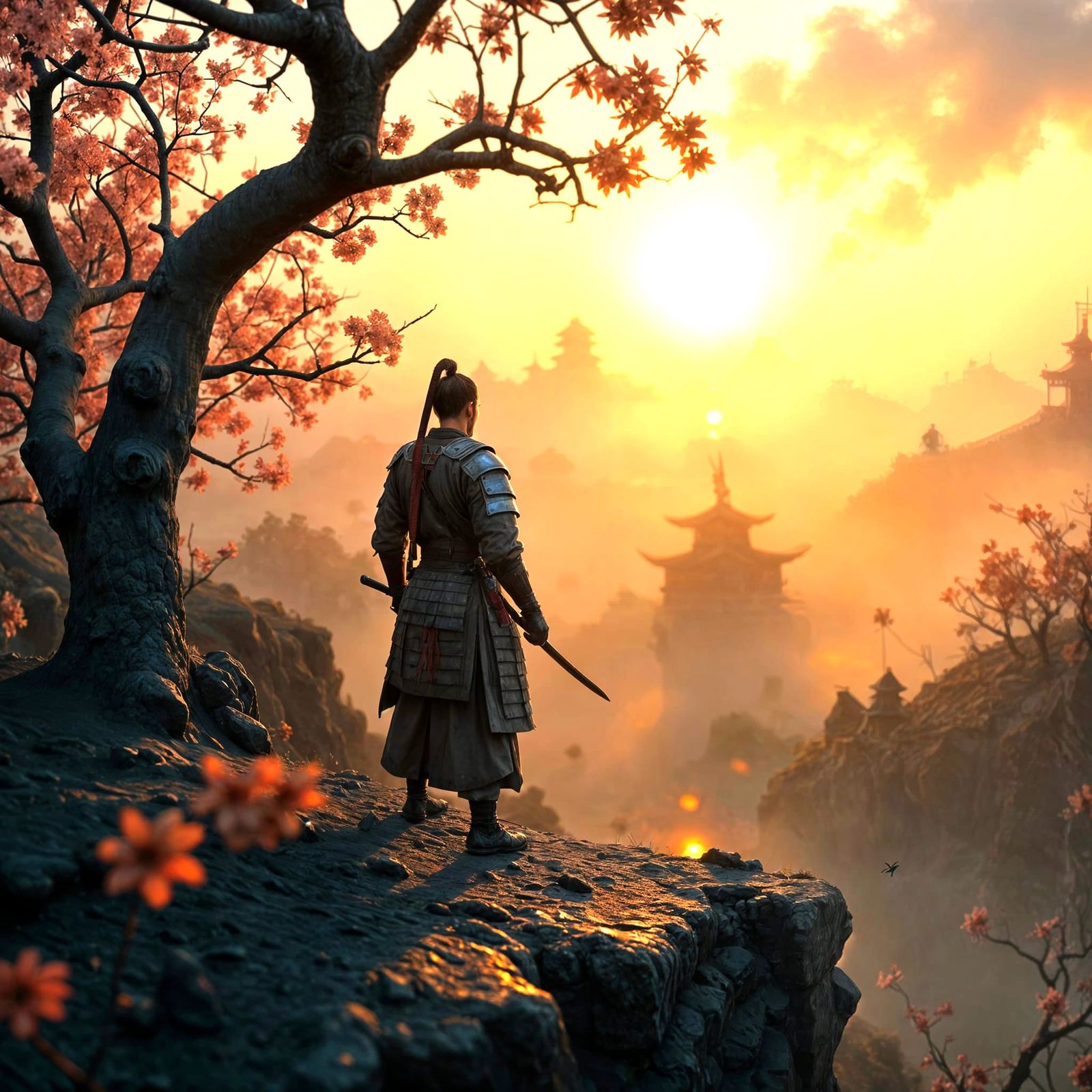 Lone Samurai at Sunset on Windswept Cliff