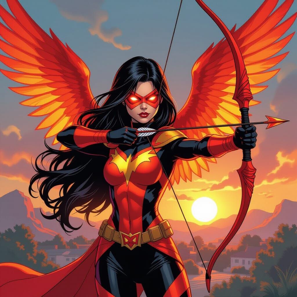 Phoenix Superheroine with Fiery Wings in Comic Book Style