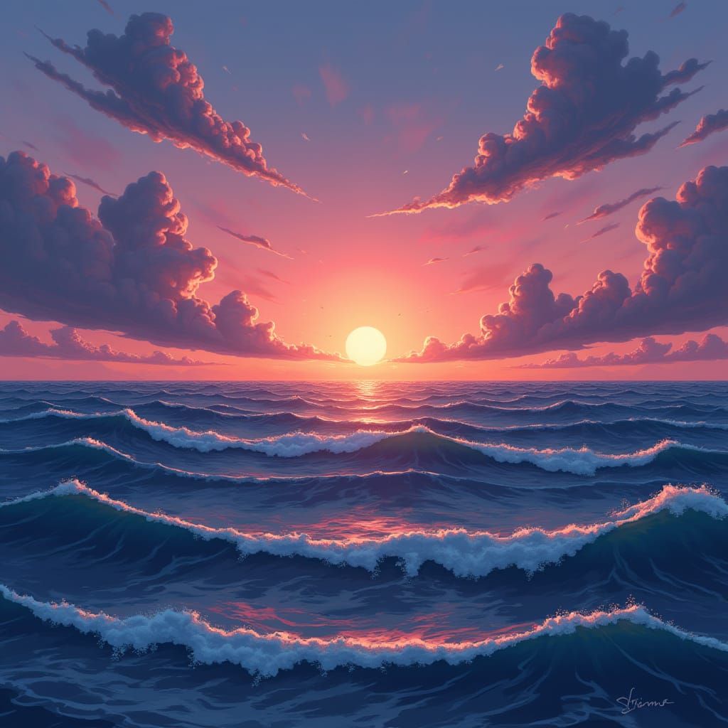 Dreamy Ocean Sunset Landscape, Digital Art