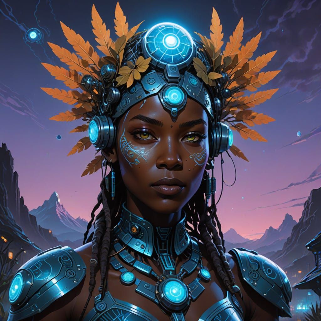 Ethereal Cybernetic Goddess in Mystic Landscape