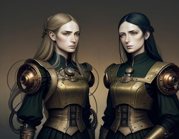 Steampunk Twins in Time Machine: Dark Fantasy Concept Art