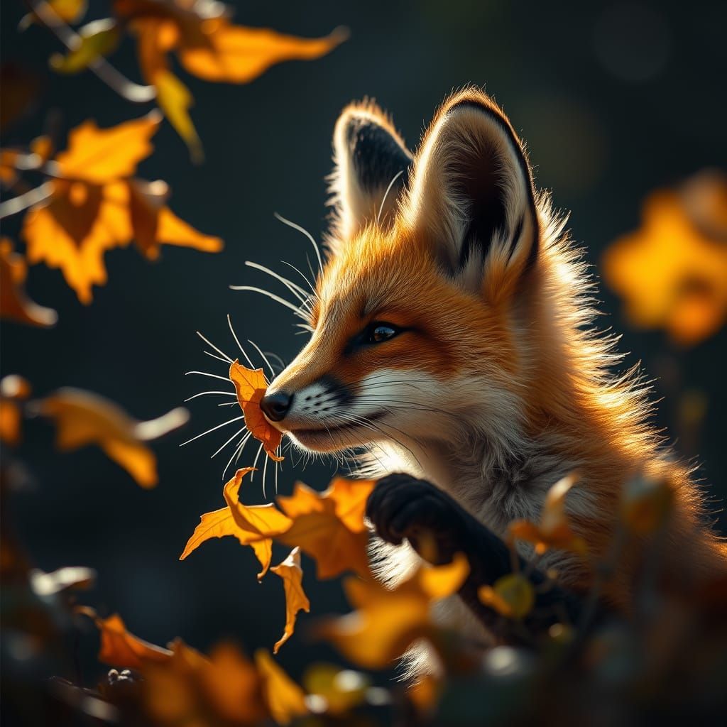 Fox Kit Plays with Autumn Leaves in Sun-Dappled Forest