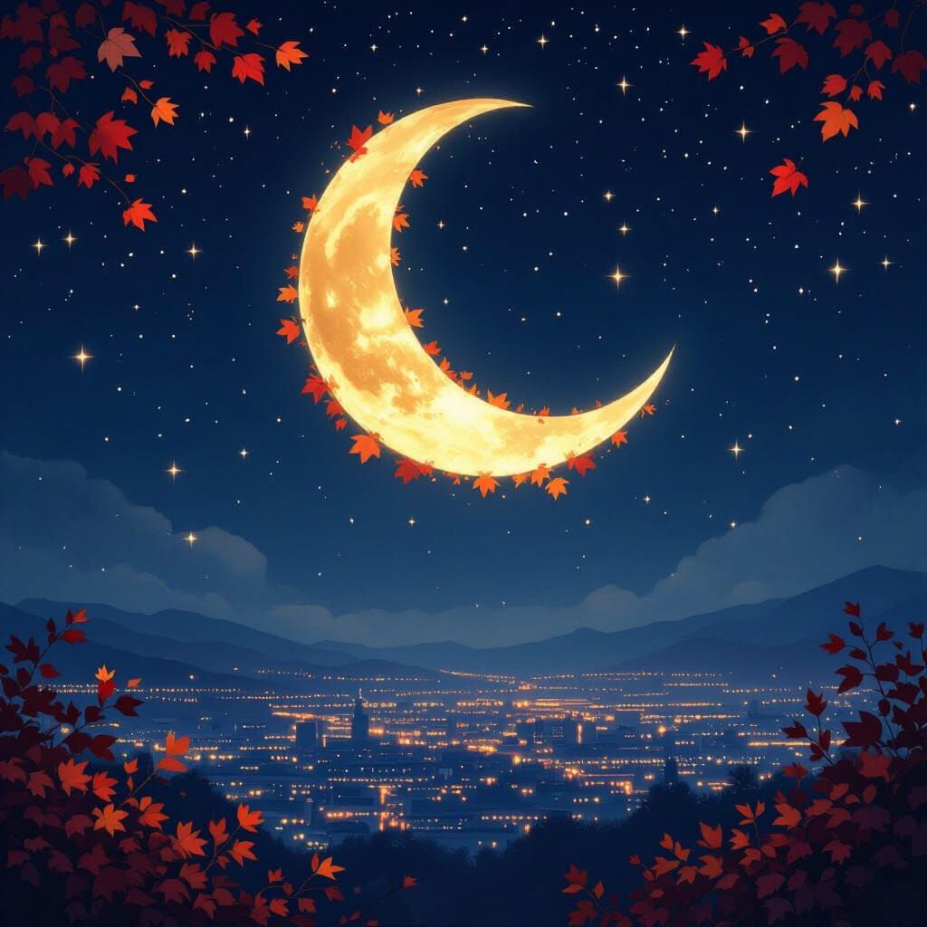 Autumn Moonscape Above City Lights in Magical Realism Style