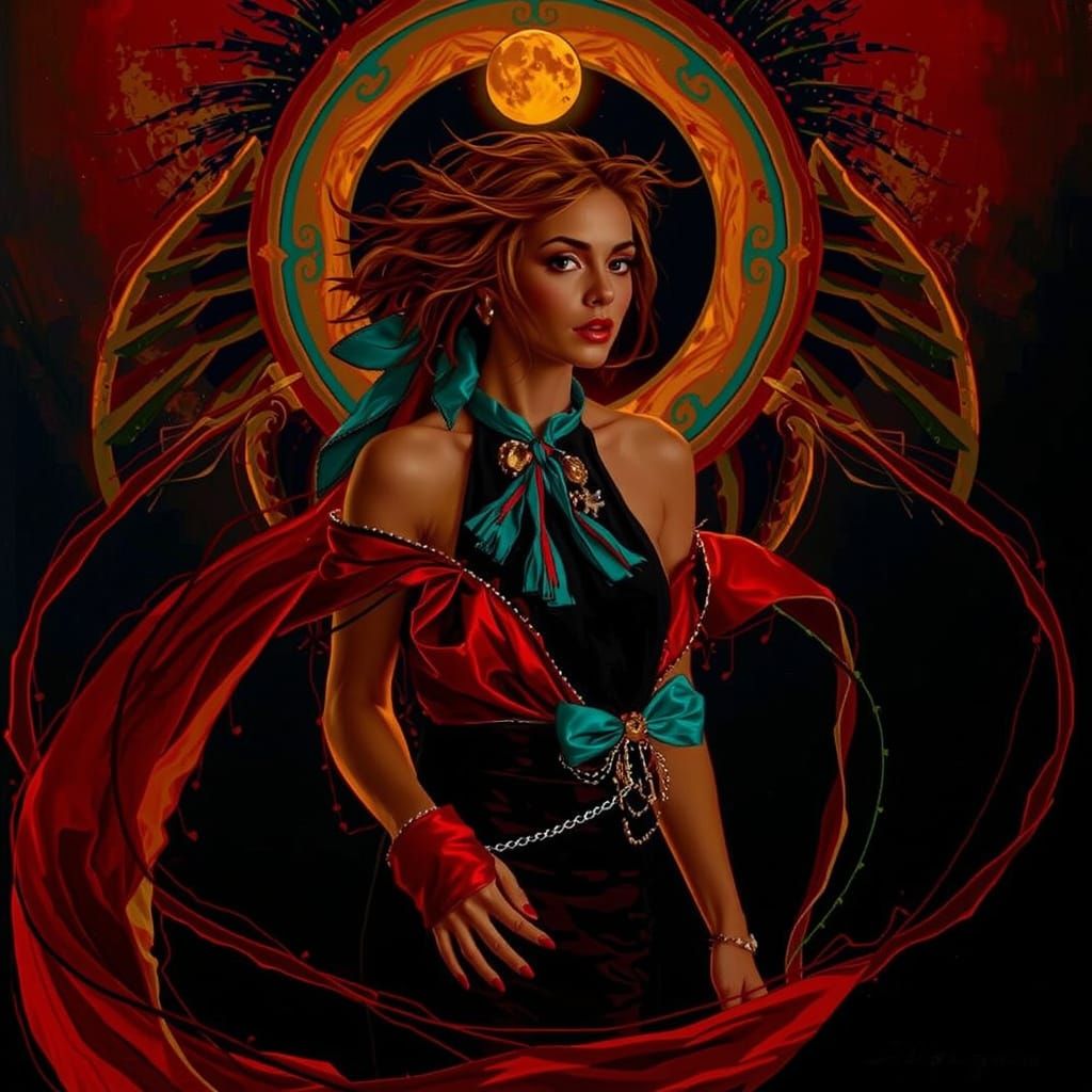 Glamorous Woman in Tattered Luxury on Windswept Moor at Twil...