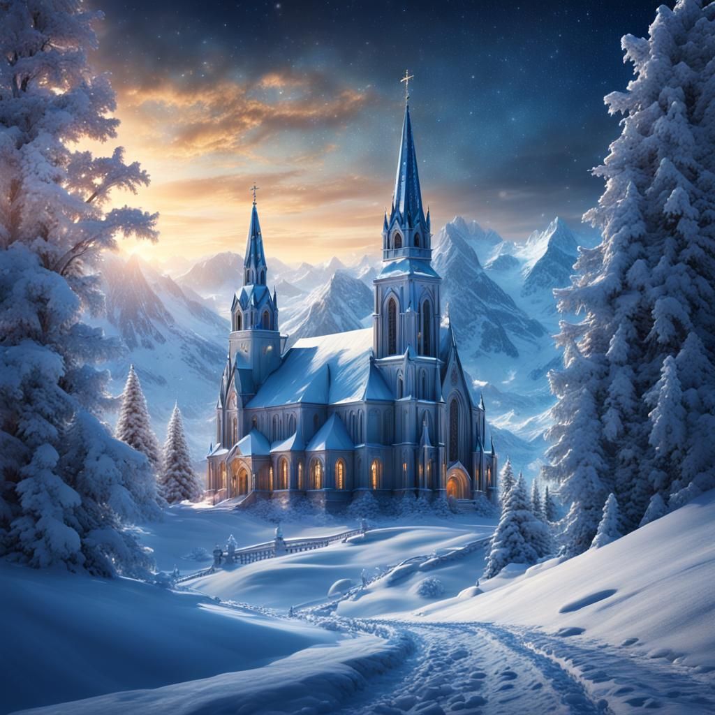 Starry Winter Valley with Catholic Church