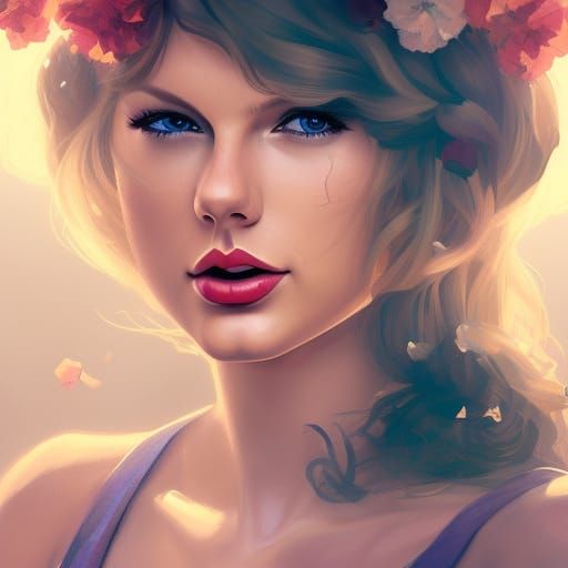 Taylor Swift Portrait with Flowers, Detailed Digital Art