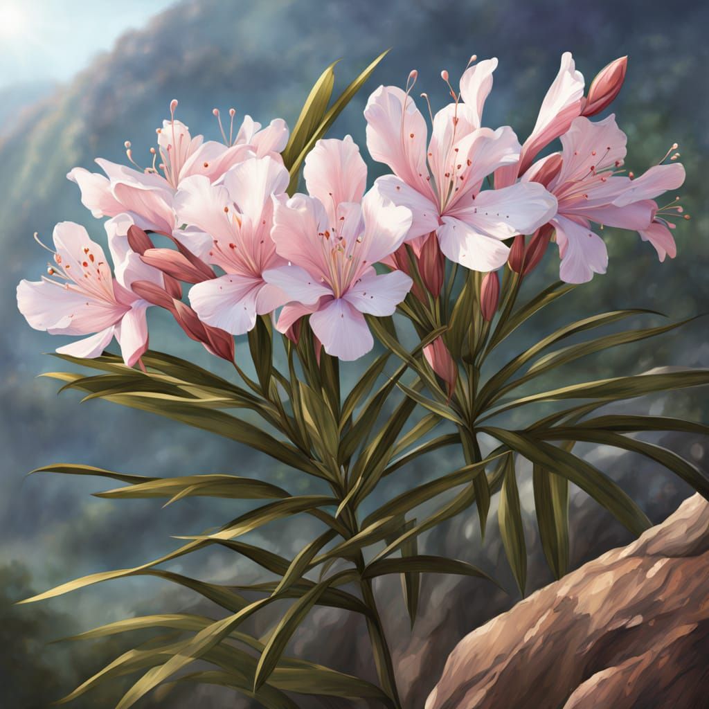 Pink and White Oleander Blooming in Appalachian Mountains
