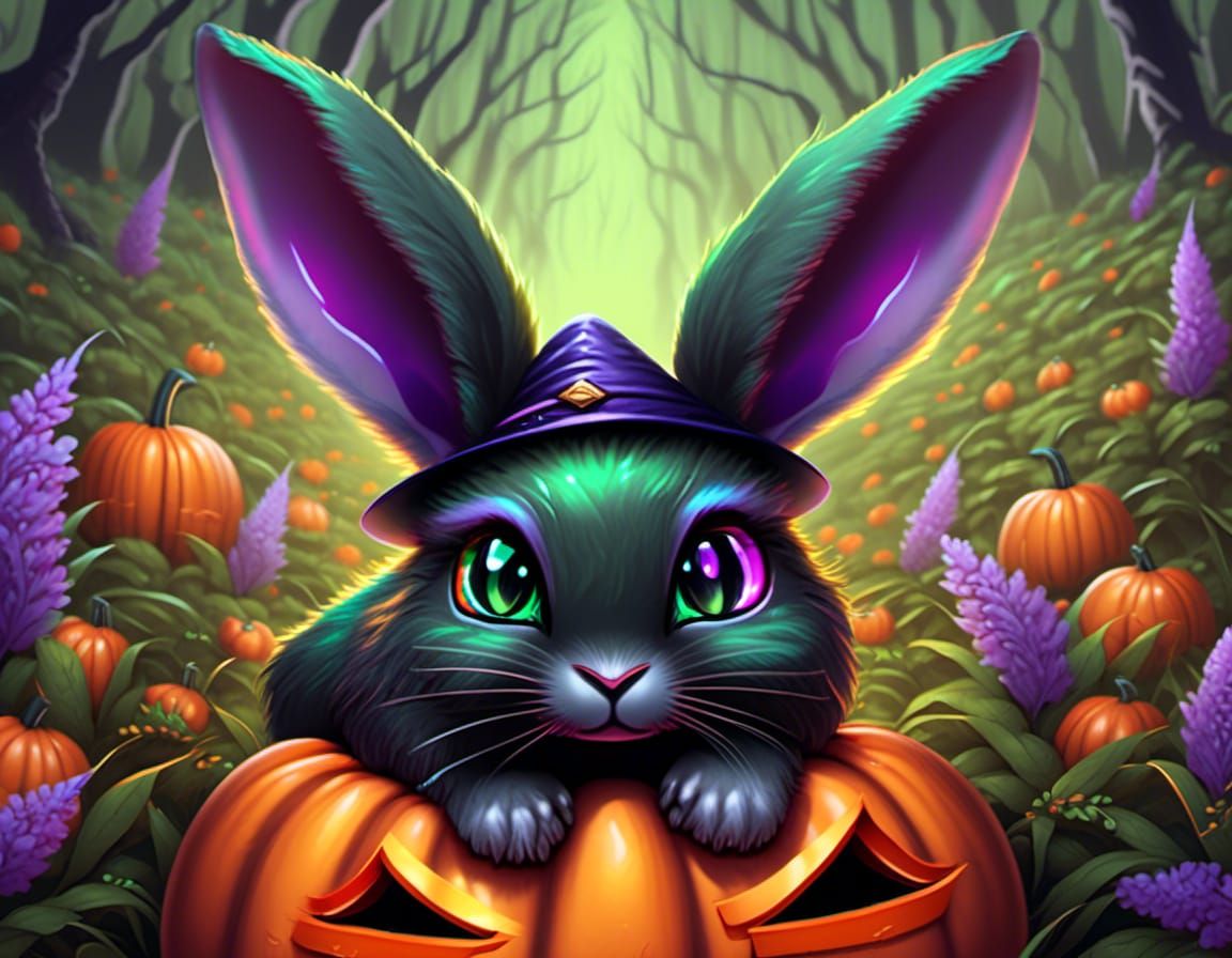 Cute Halloween Bunny with Bioluminescent Eyes and Witch Hat