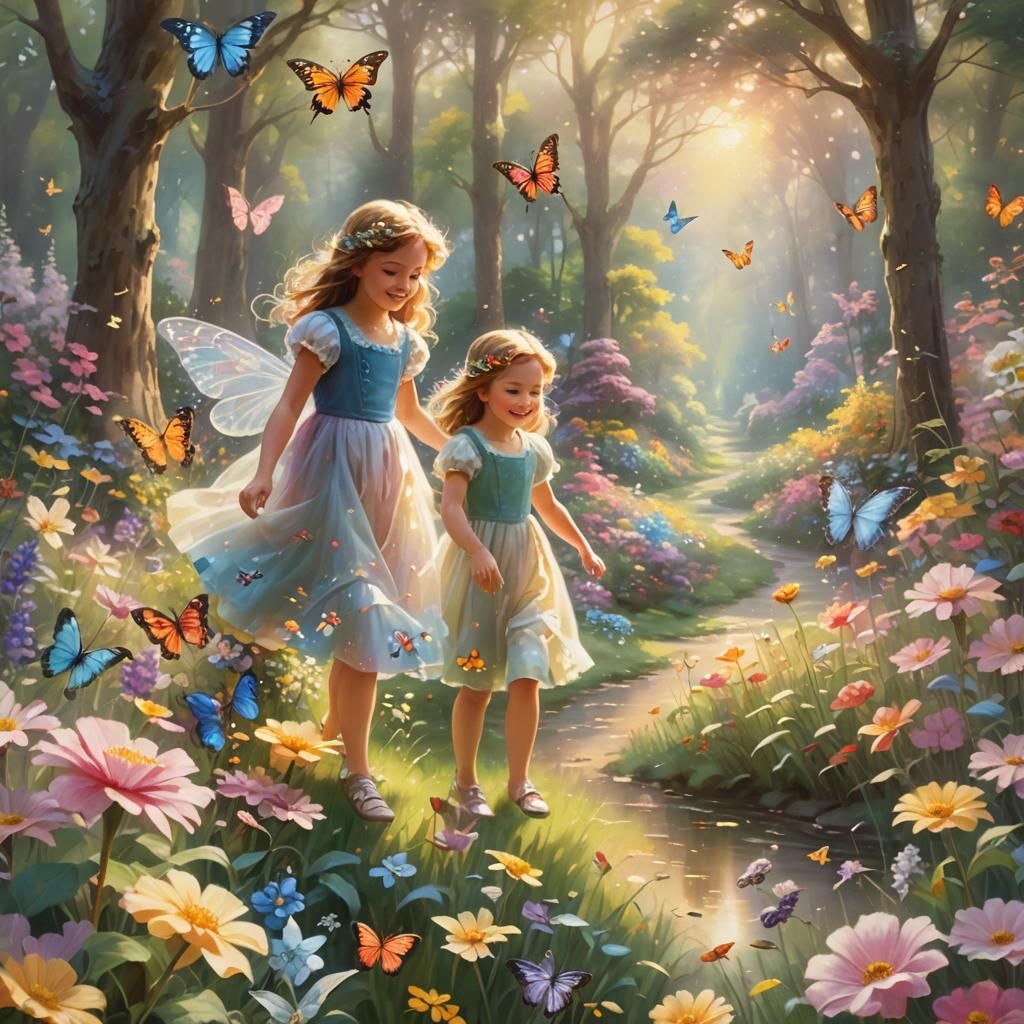 Idyllic Garden Scene with Children in Romantic Style