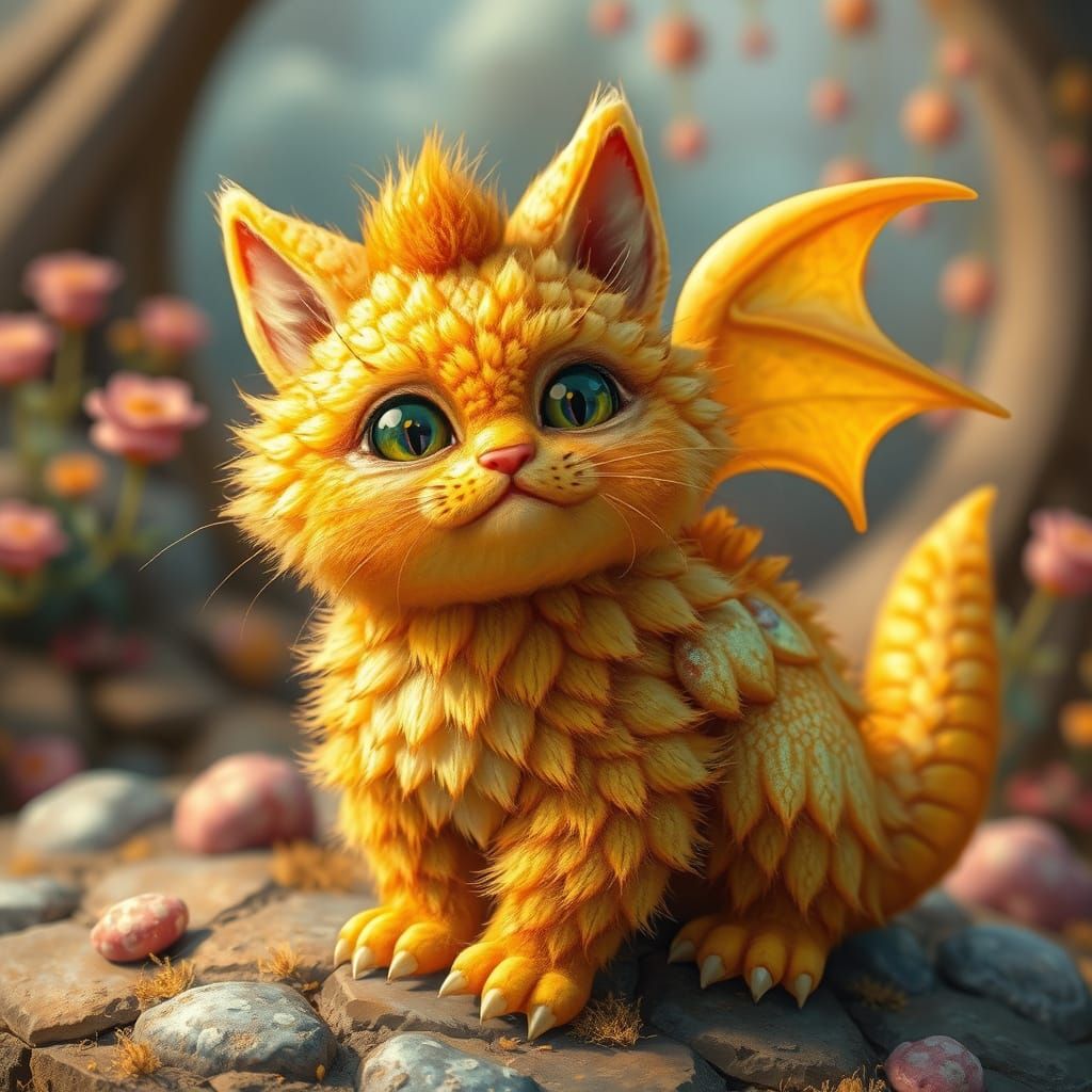 Whimsical Cat-Dragon-Cheese Puff Hybrid in Dreamlike Art