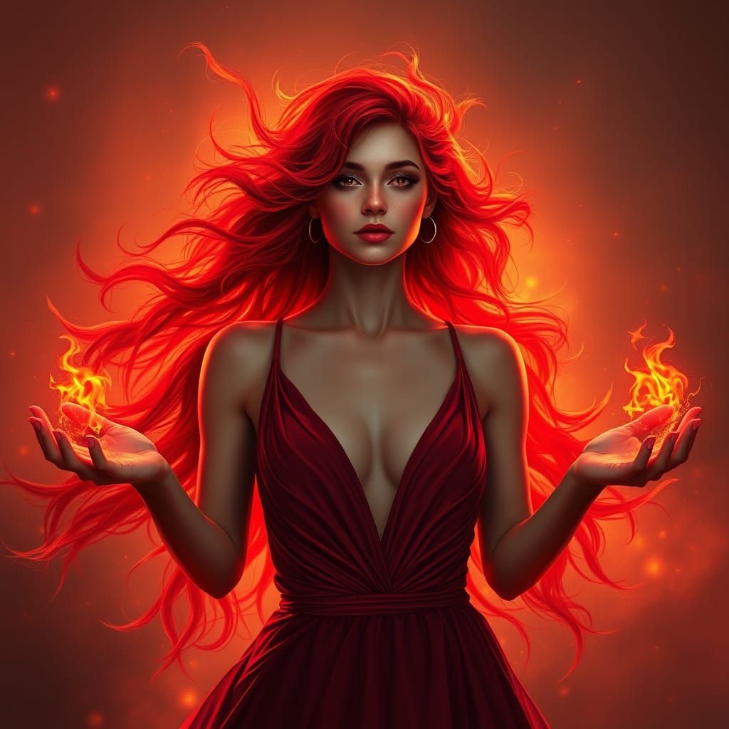 A digital painting depicting a woman with intensely fiery red hair that seamlessly transitions into vibrant, swirling fl...