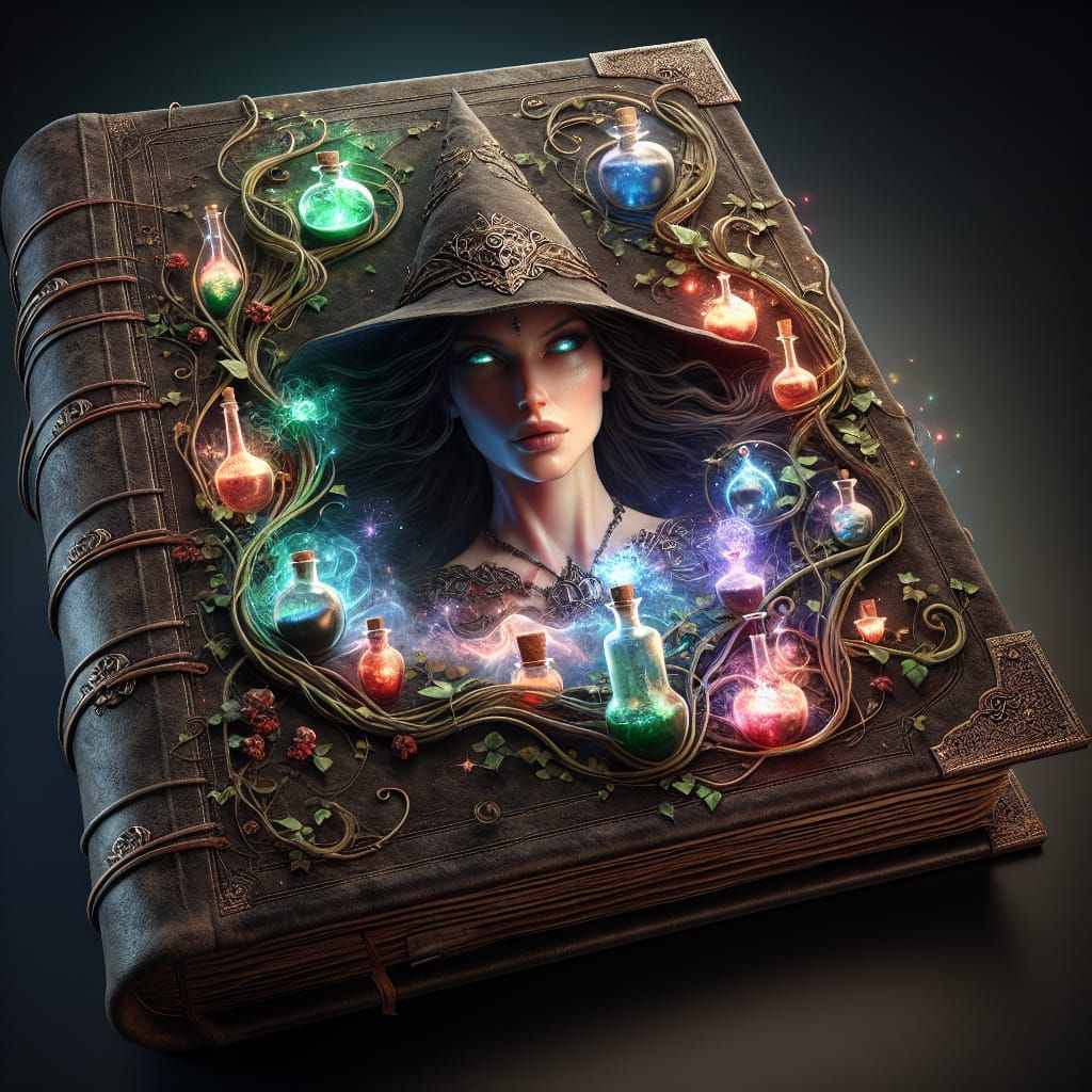 Witch Portrait Amidst Magic Potions in 3D