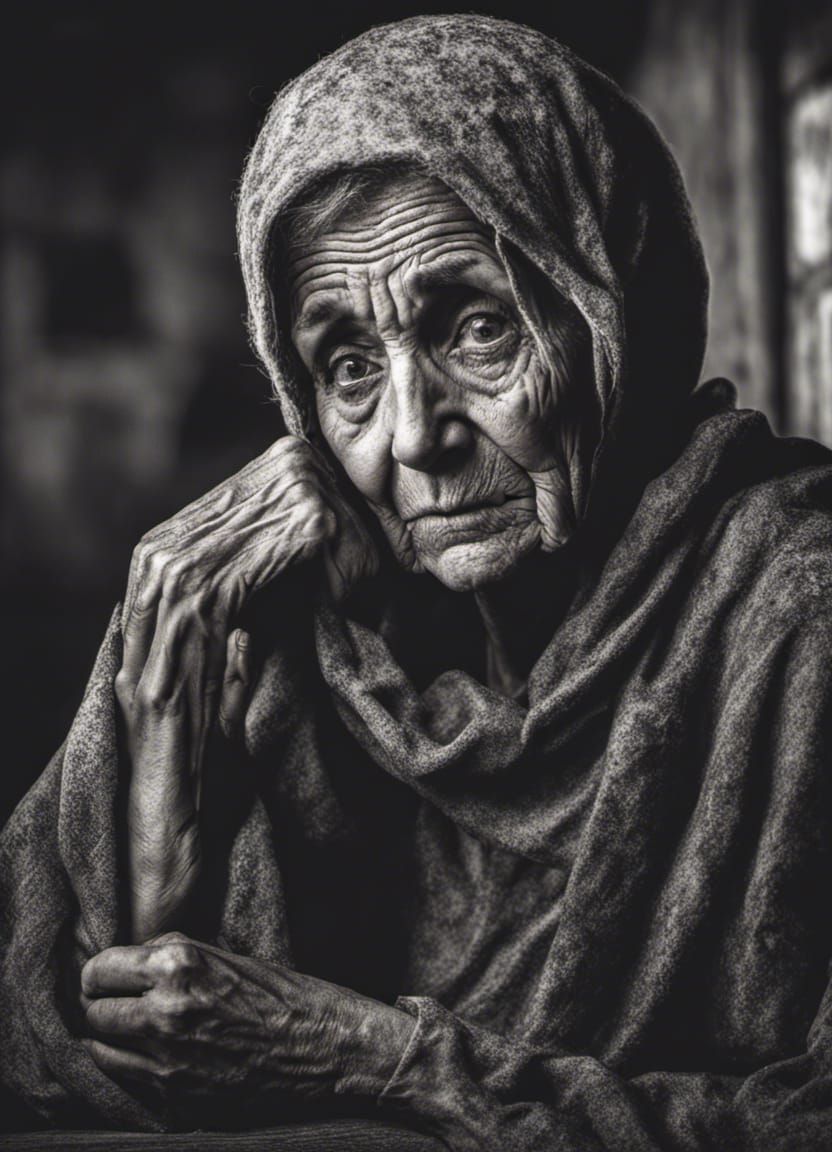 Sad Old Woman in the Dark, Hyperrealistic Detail