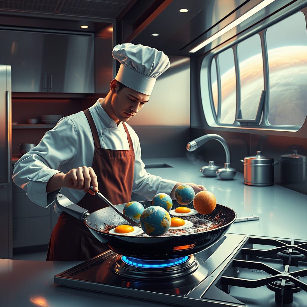 Hyperrealistic Chef Frying Planets in a Pan